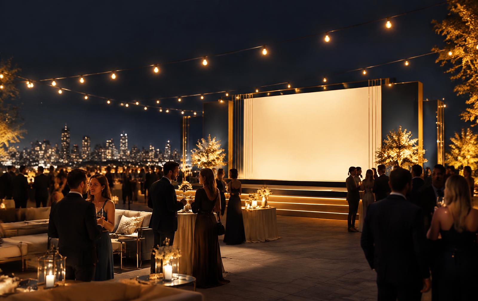 Guests networking at an evening brand event under string lights