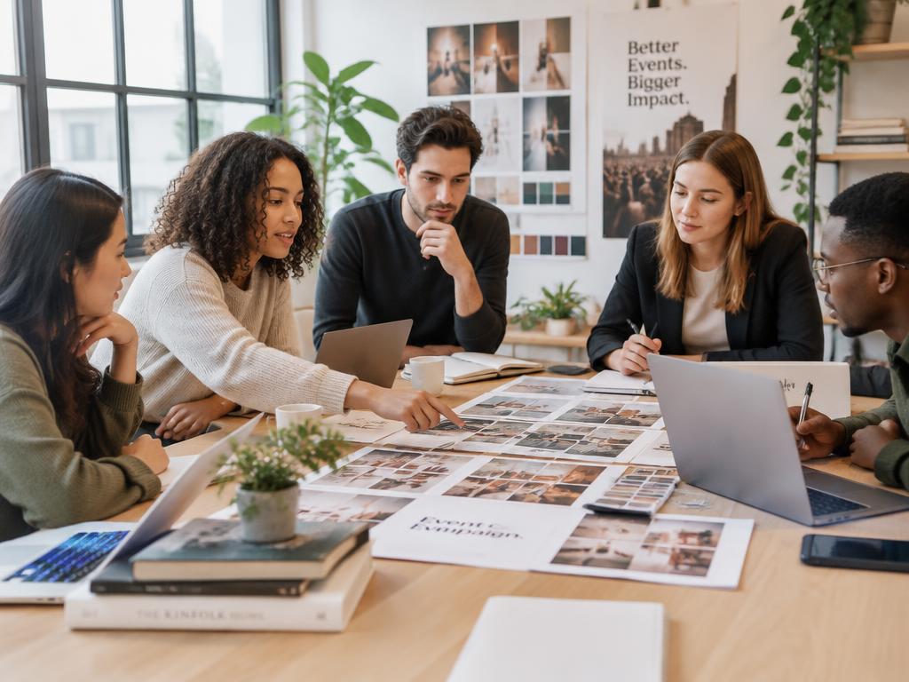 Marketing team reviewing event campaign concepts